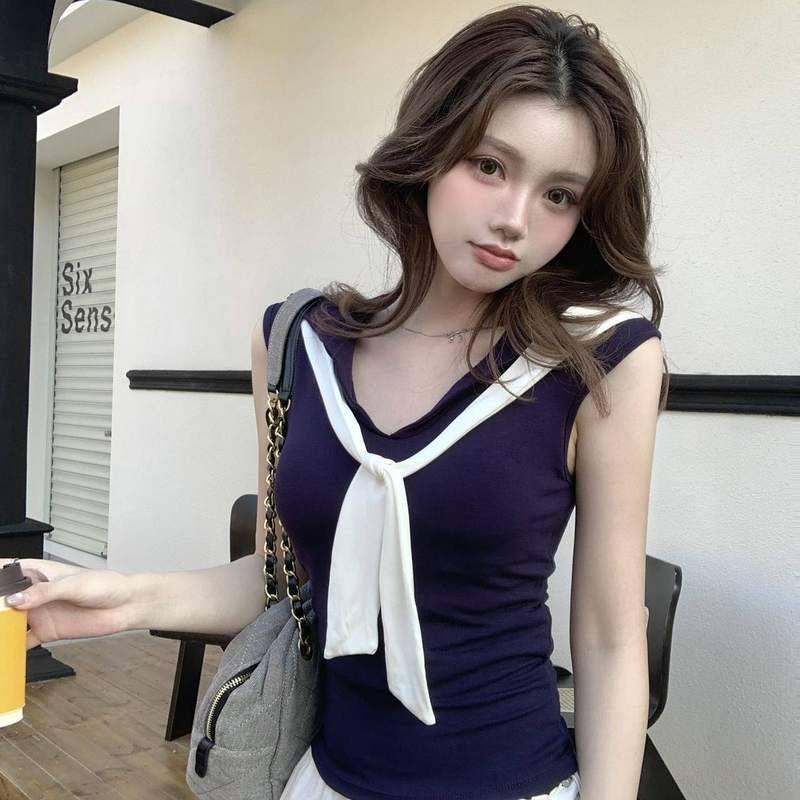 夏季搭外修身系带女无袖带穿学院风内胸垫衣背心海军领撞色背上美,女装/女士精品,抹胸,淘宝优惠券,粉丝福利购,淘宝优惠卷