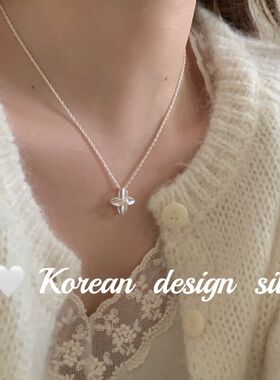 小众S925纯银新款 高级感春夏女珍珠项链韩国ins四叶草拉丝饰品风