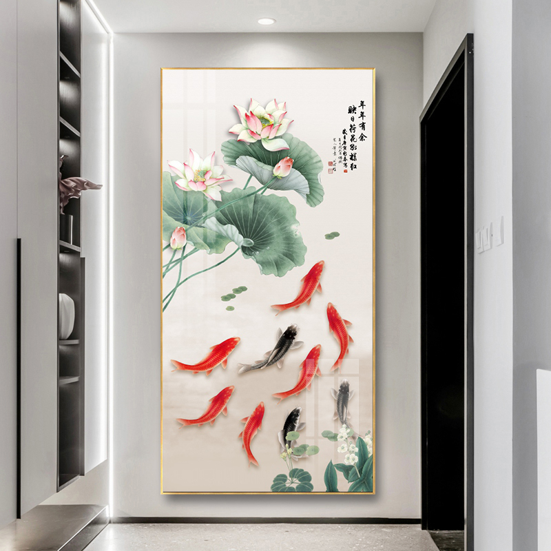 中式九鱼图玄关装饰画网红2021新款走廊挂画客厅过道