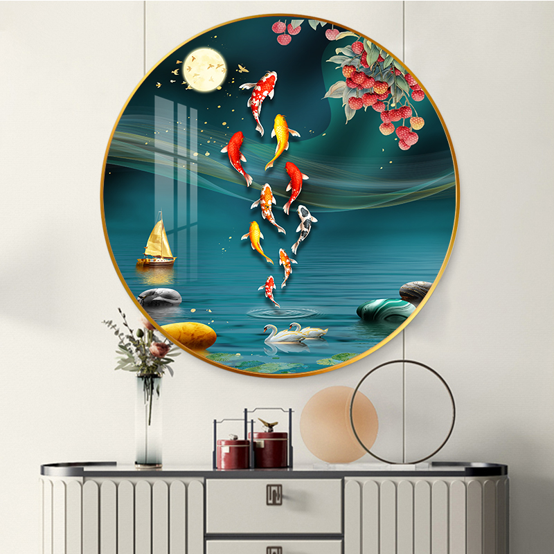 九鱼图圆形装饰画入户玄关画挂画正对门餐厅客厅壁画现代简约大气图片