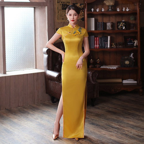 春秋新款高端走秀旗袍金色晚装