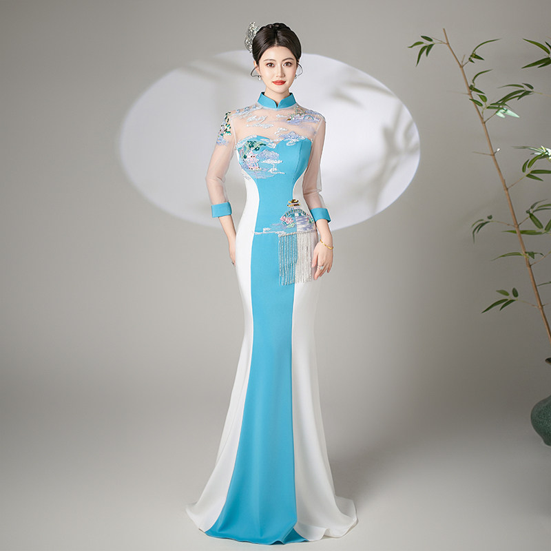诗贝茉2025新款大合唱团演出服鱼尾中国风朗诵服装独唱晚礼服长袖