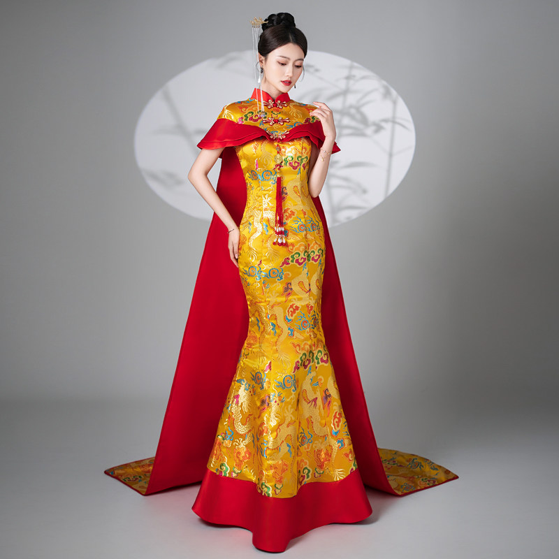 诗贝茉2025新款高端黄色拖尾礼服舞台演出表演刺绣包臀鱼尾修身