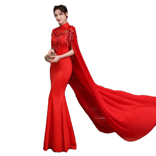 高端走秀旗袍长款演出鱼尾裙主持人礼服女表演服中国风显瘦带披风