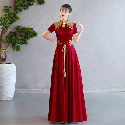 红色晚礼服裙新款高端年会主持人颁奖合唱演出服装女宴会气质