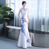 改良旗袍裙2024年新款 中国风优雅高端走秀鱼尾复古主持人演出服女