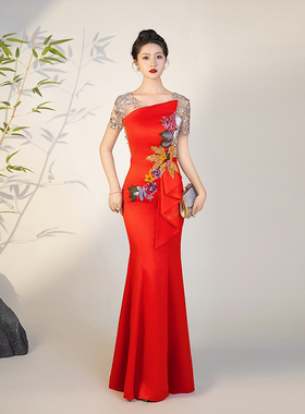 红色晚礼服裙女修身中式高端轻奢小众宴会主持人优雅鱼尾连衣裙