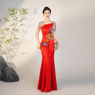 红色晚礼服裙女修身中式高端轻奢小众宴会主持人优雅鱼尾连衣裙