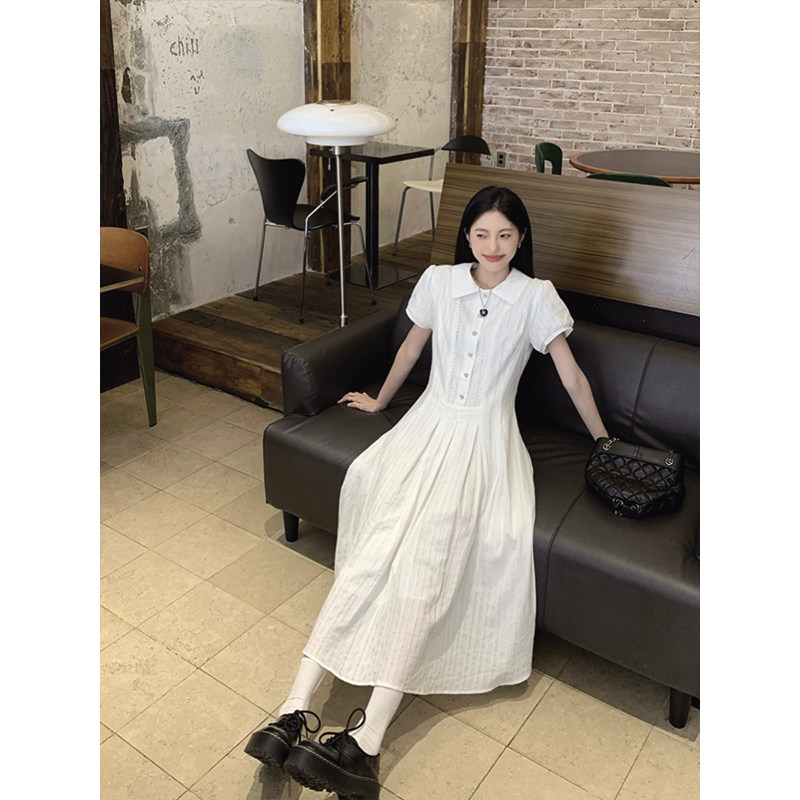 somewink 白色连衣裙女短袖韩版宽松小个子中长款高腰显瘦衬衫裙