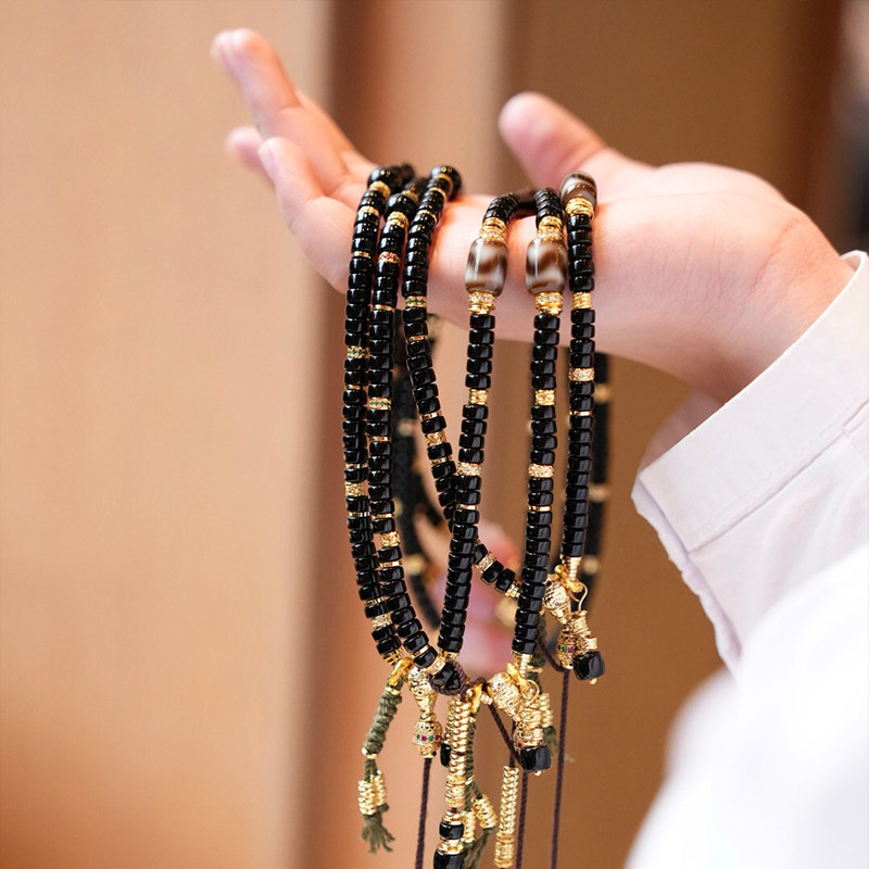 天然黑玛瑙虎牙天珠奶咖色老药师珠手链手工编绳复古藏式民族风潮