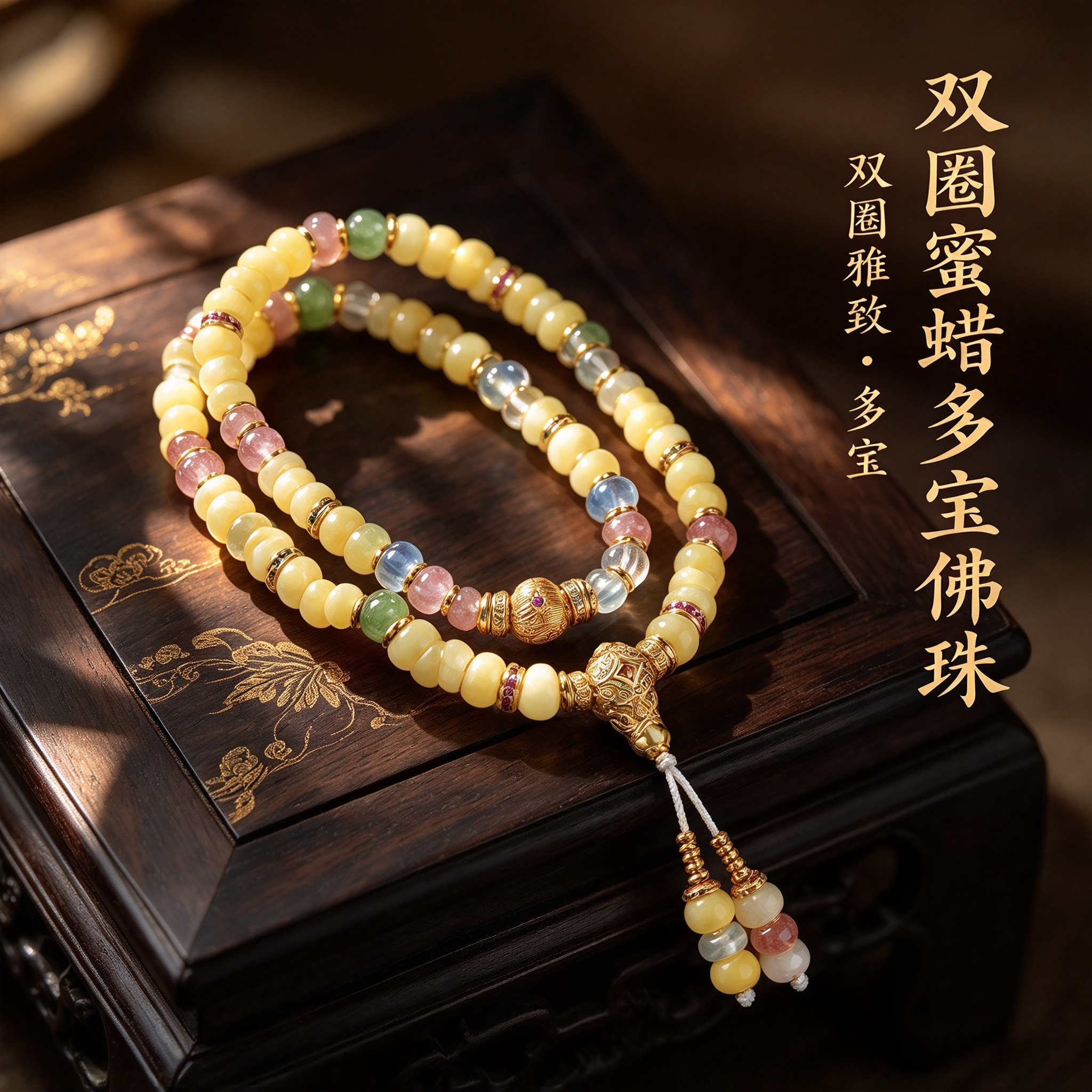 天然蜜蜡双圈多宝佛珠念珠搭配多色水晶石银镀金配饰中式文玩手串