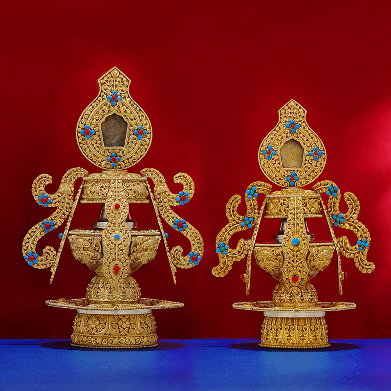 S925银长寿宝瓶铜鎏金摆件藏式尼泊尔风格佛堂供器家居装饰品摆件