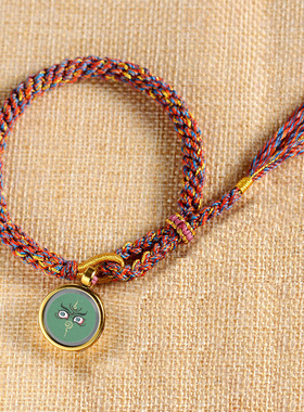 复古彩色编织手绳民族风黑白黄绿红财神眼手绘唐卡嘎乌盒挂件手链