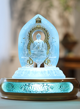 琉璃东方三圣一体佛堂供奉药师佛日月光菩萨居家礼佛客厅摆件