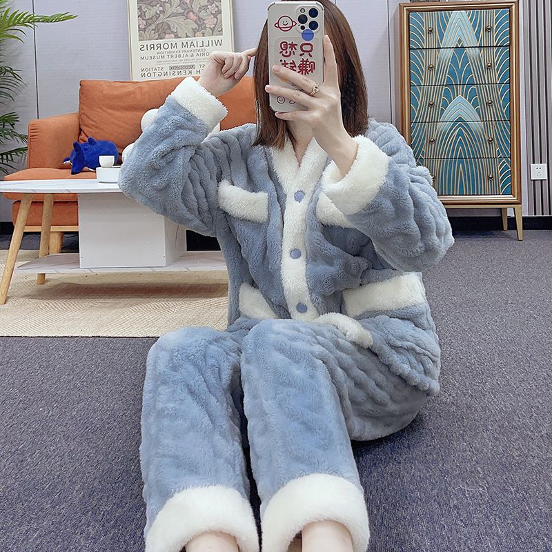 珊瑚绒睡衣女套装秋冬季加绒加厚法兰绒保暖冬天外穿女生家居服