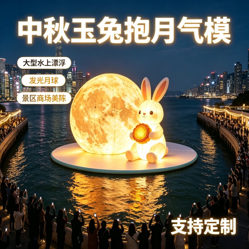 中秋水上玉兔月饼气模发光月球景区湖面美陈布置湖面打卡充气模型