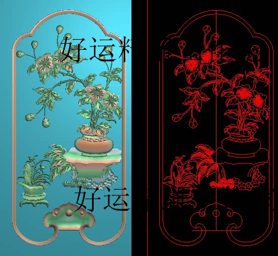 梅花花盆精雕图海棠花瓶山水如意浮雕图电脑雕刻图桃花精品兰花图