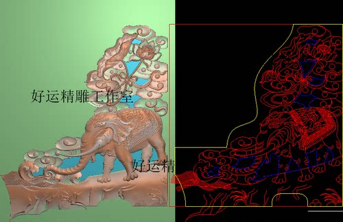 镂空大象精雕图角花象山水木雕灰度图精品荷花八宝夹花电脑浮雕图