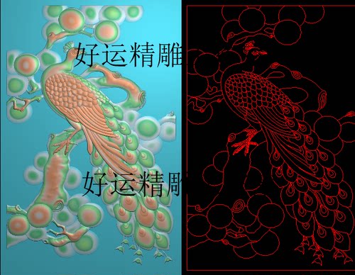 孔雀松树靠背花鸟电脑雕刻图