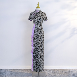 中国风改良走秀礼仪旗袍秀演出服女黑色高端长款老上海显瘦年轻款