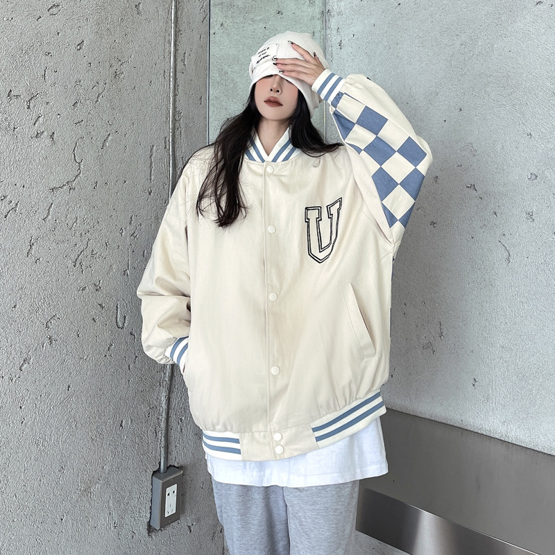 有内里港风棋盘格棒球服女春秋潮牌美式复古高街外套潮卫衣/绒衫
