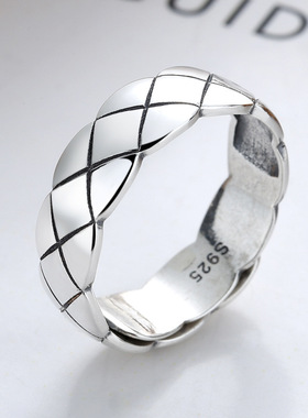 S925纯银戒指男菱格纹戒开口男士个性简约复古指环ins风爆款国风