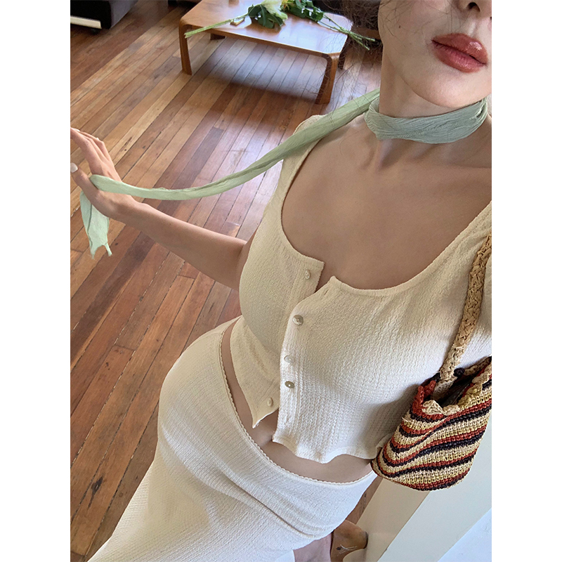 午后商店◆开衫吊带半身裙三件套女夏季新款法式纯色修身时尚套装