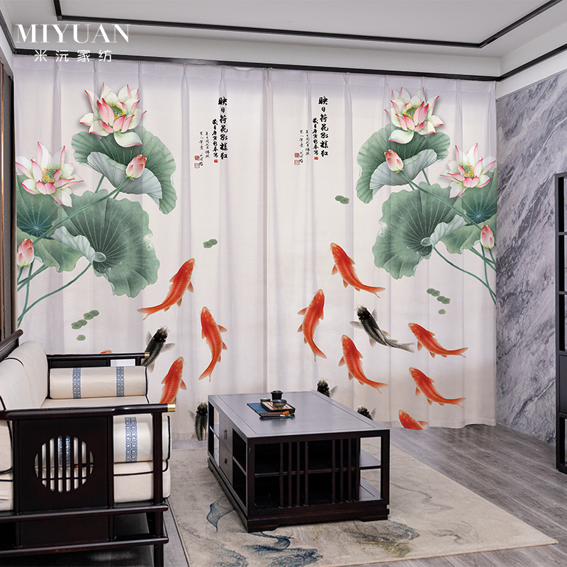 新中式禅意荷花古风国画遮光窗帘