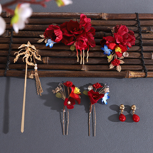 新款中式红色秀禾头饰古风绢花发夹发簪发饰古典凤簪汉服新娘配饰