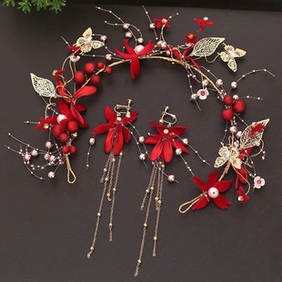 2025中式新款新娘敬酒服头饰森系红色仙美头花结婚晚礼服配饰发饰