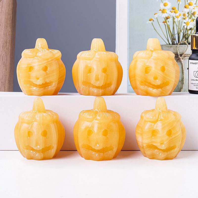 天然水晶金冻石南瓜头雕刻件原石打磨万圣节装饰工艺品摆件