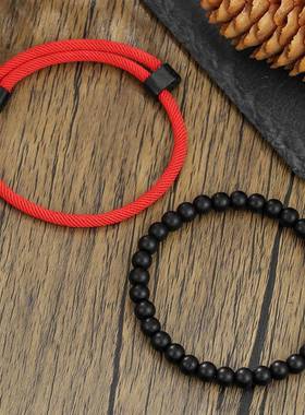 欧美热销黑色绳可调节米兰绳黑魔砂串珠手链组合复古男款信仰手链