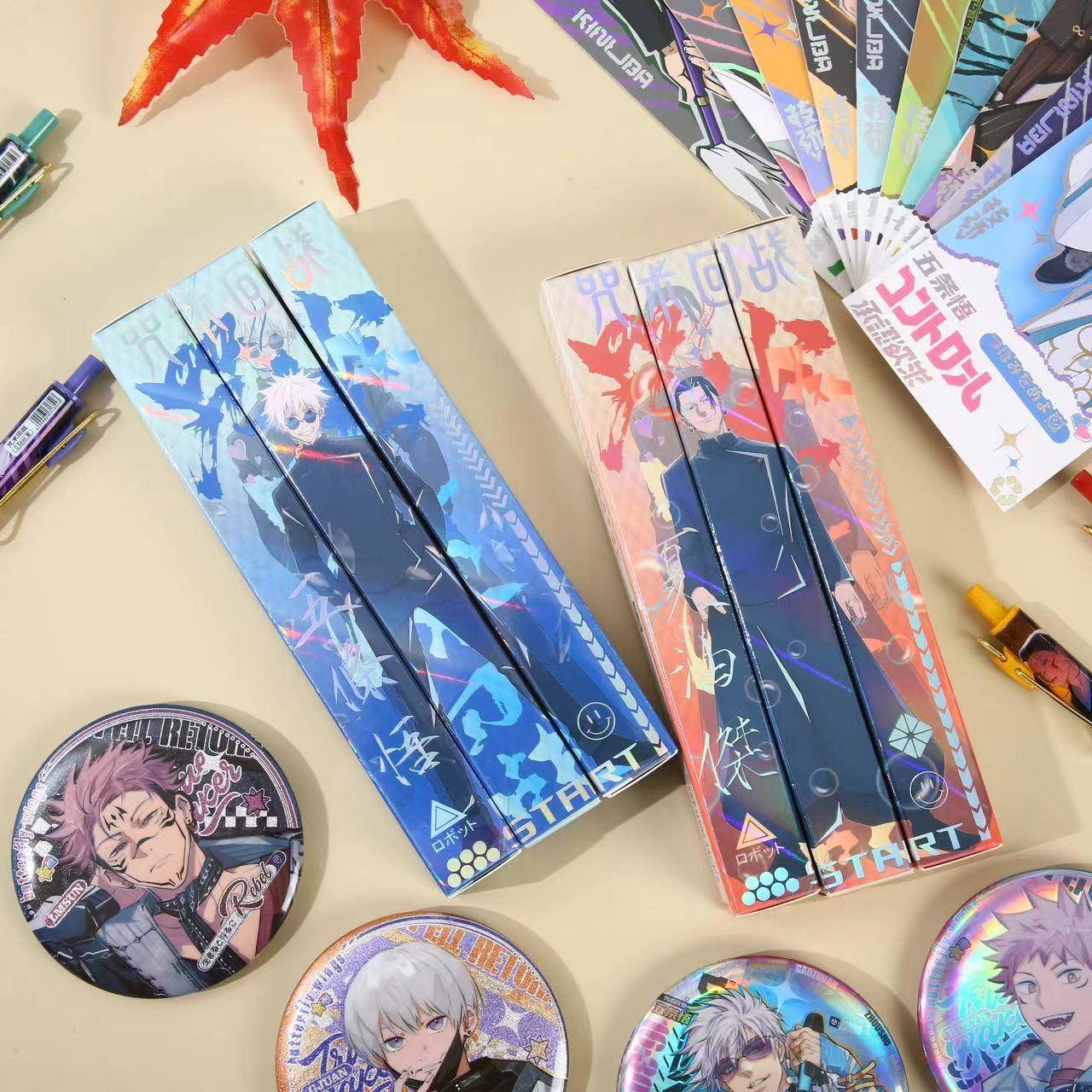 盲盒笔咒术回战按动笔带吧唧新款盲盒中性笔带镭射票学生用黑笔