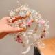 粉色花朵发箍森系超仙花环头饰白纱新娘花环藤条超仙绢纱结婚配饰
