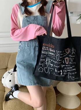 36273日韩帆布包女百搭大容量刺绣印花款手提单肩包学生上课包