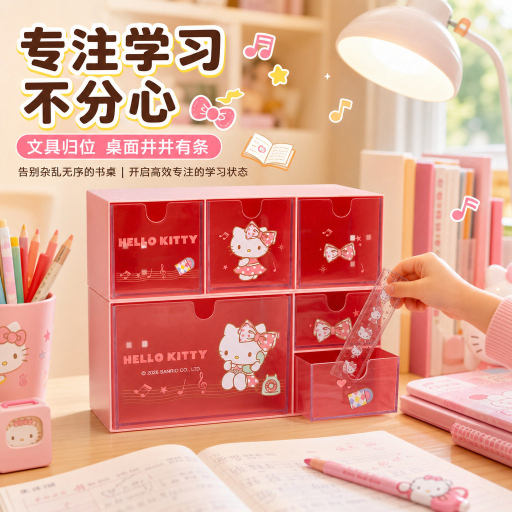 Hellokitty正版三丽鸥收纳盒桌面文具整理盒化妆品发卡发圈收纳盒