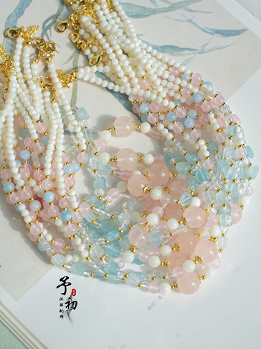 【粉黛】粉晶海蓝宝粉蓝少女天然石锁骨链汉服配饰璎珞