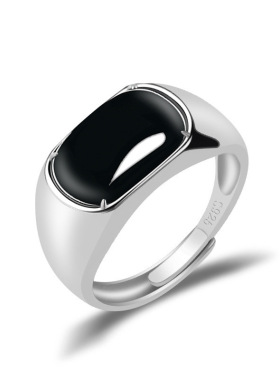 S925银镶天然A货翡翠墨翠蛋面戒指马鞍戒玉石指环高档男款可调节