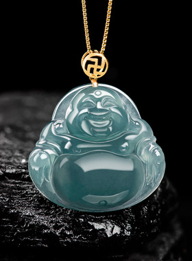 高档天然a货翡翠蓝水佛公大肚佛18K金扣镶冰种玉石吊坠女款挂件