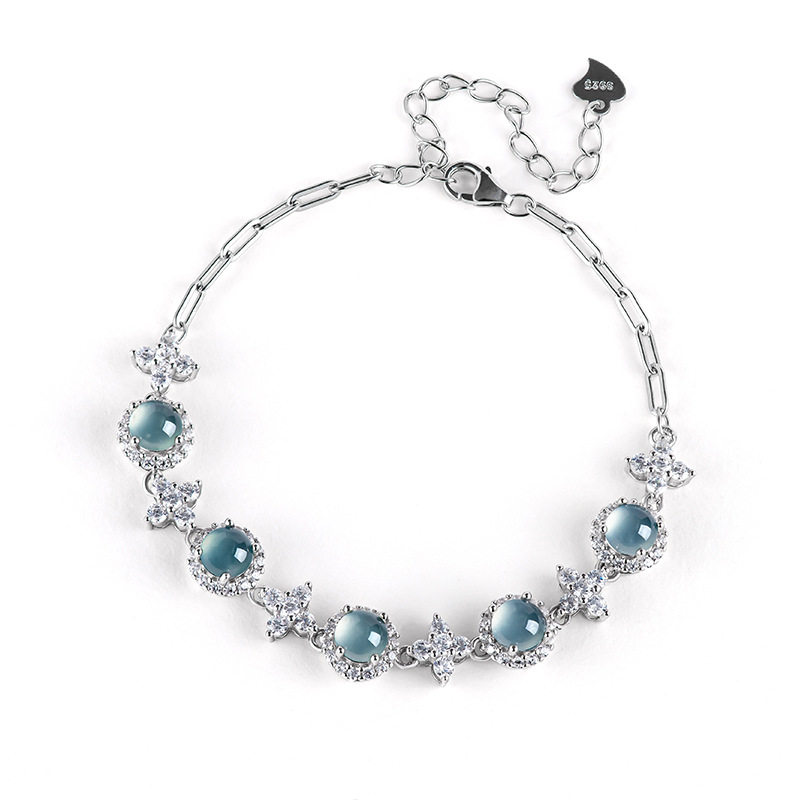 高档天然A货翡翠蓝水蛋面手链冰种玉石S925银镶女款时尚手饰