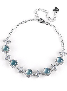 高档天然A货翡翠蓝水蛋面手链冰种玉石S925银镶女款时尚手饰