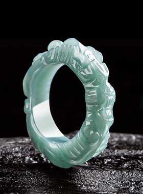 高档天然A货翡翠蓝水盘龙戒指立体雕冰种玉石玉指环龙扳指男戒