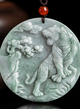 天然正品a货翡翠虎啸山林生肖虎吊坠虎牌豆种玉石玉佩男女款挂件
