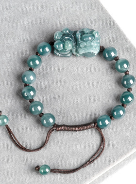 高档天然A货翡翠蓝水貔貅手链手工编织手绳通财冰种玉石皮丘手串