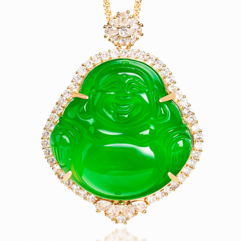 正品天然绿玛瑙佛公铜镀金镶冰种玉石吊坠玉坠女款项链时尚挂件
