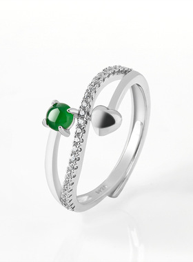 天然A货翡翠阳绿戒指冰种玉石S925银镶时尚指环女款简约可调节