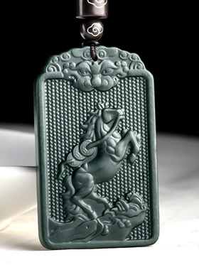 天然老料和田玉墨玉马牌马上有钱十二生肖马吊坠男士项链女款挂件