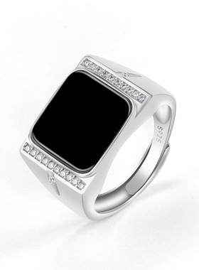 高档天然A货翡翠墨翠方面戒指冰种玉石指环S925银镶男款可调节