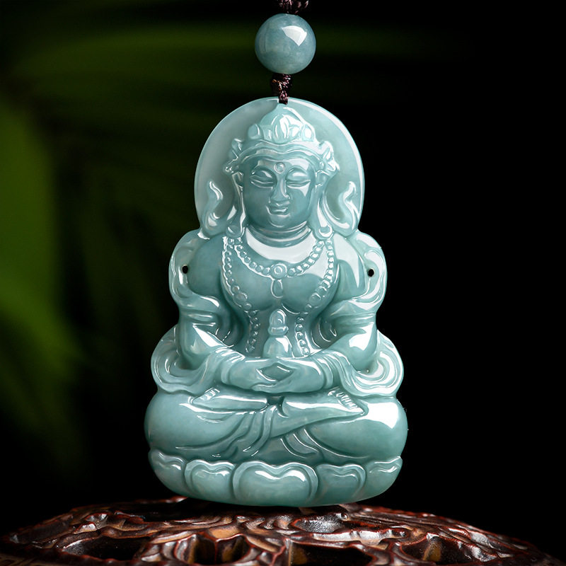天然正品A货翡翠蓝水度母观音冰种玉石吊坠男士玉坠女款挂件玉器