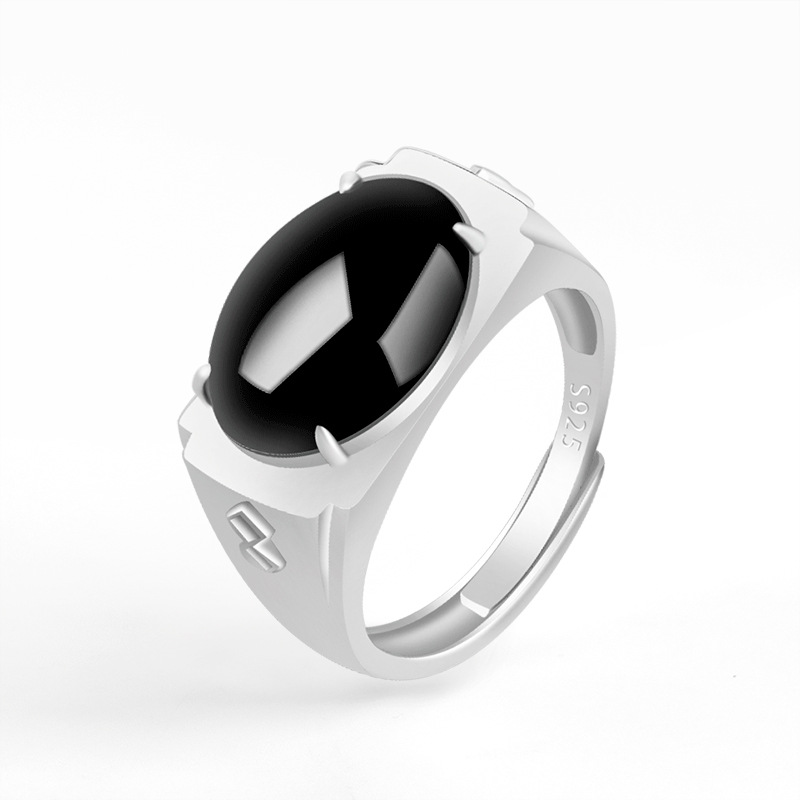 S925银镶天然正品A货翡翠墨翠蛋面戒指玉石指环高档男款可调节